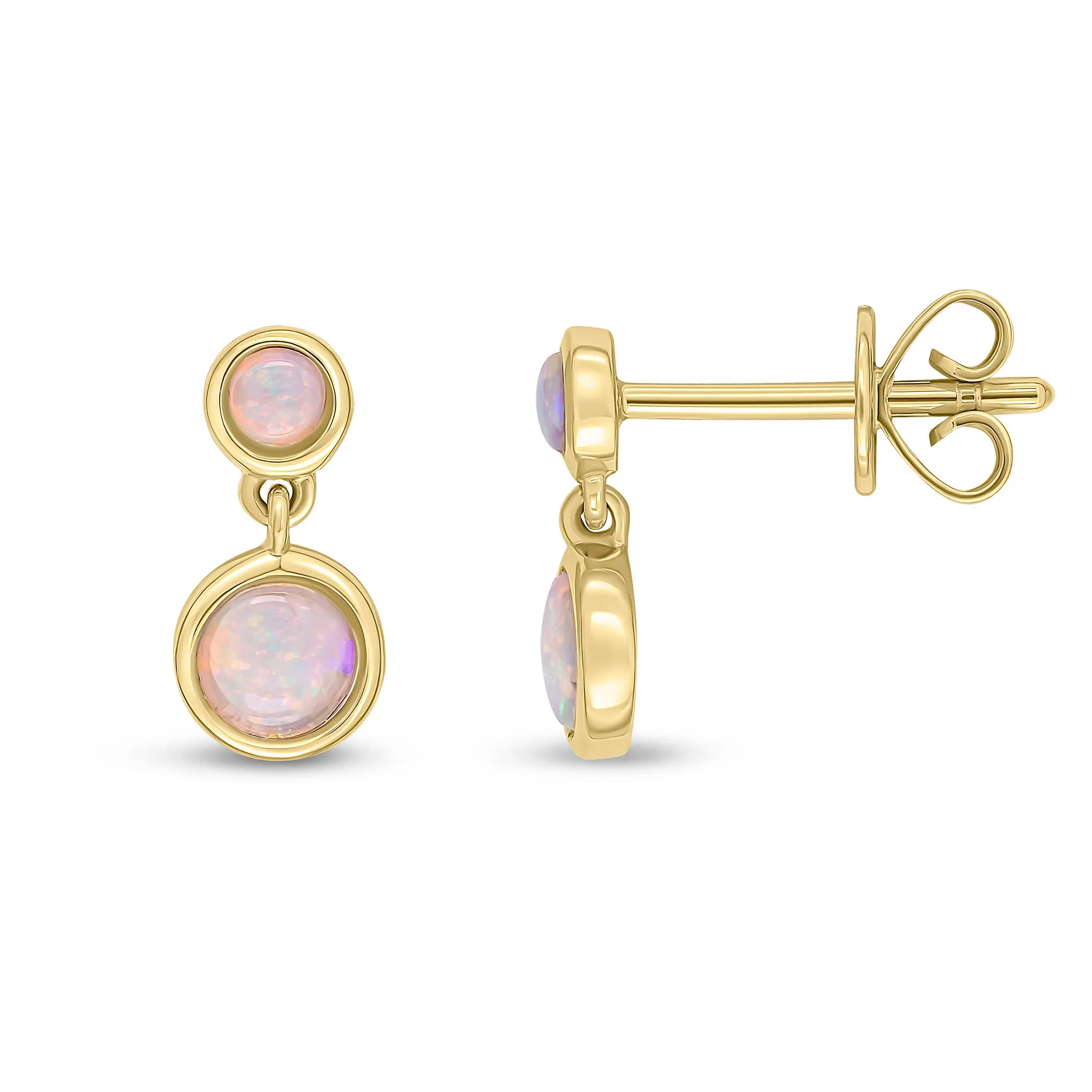 9K Yellow Gold Double Round Opal Drop Earrings