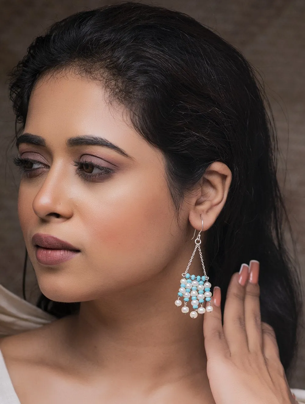 Pure Silver Earrings With Semi Precious Stones - Turquoise and Pearls Medley