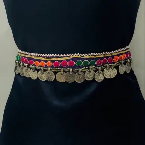 Tribal Belly Dance Belt, Belly Belt, Vintage Multicolor Belt With Thread Work and Coins, Boho Belly Belt With Vintage Coins