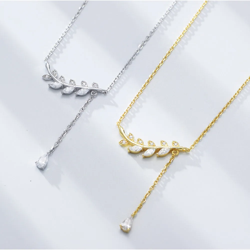 White Zircon Leaf Tassel Sterling Silver Collarbone Necklace for Women