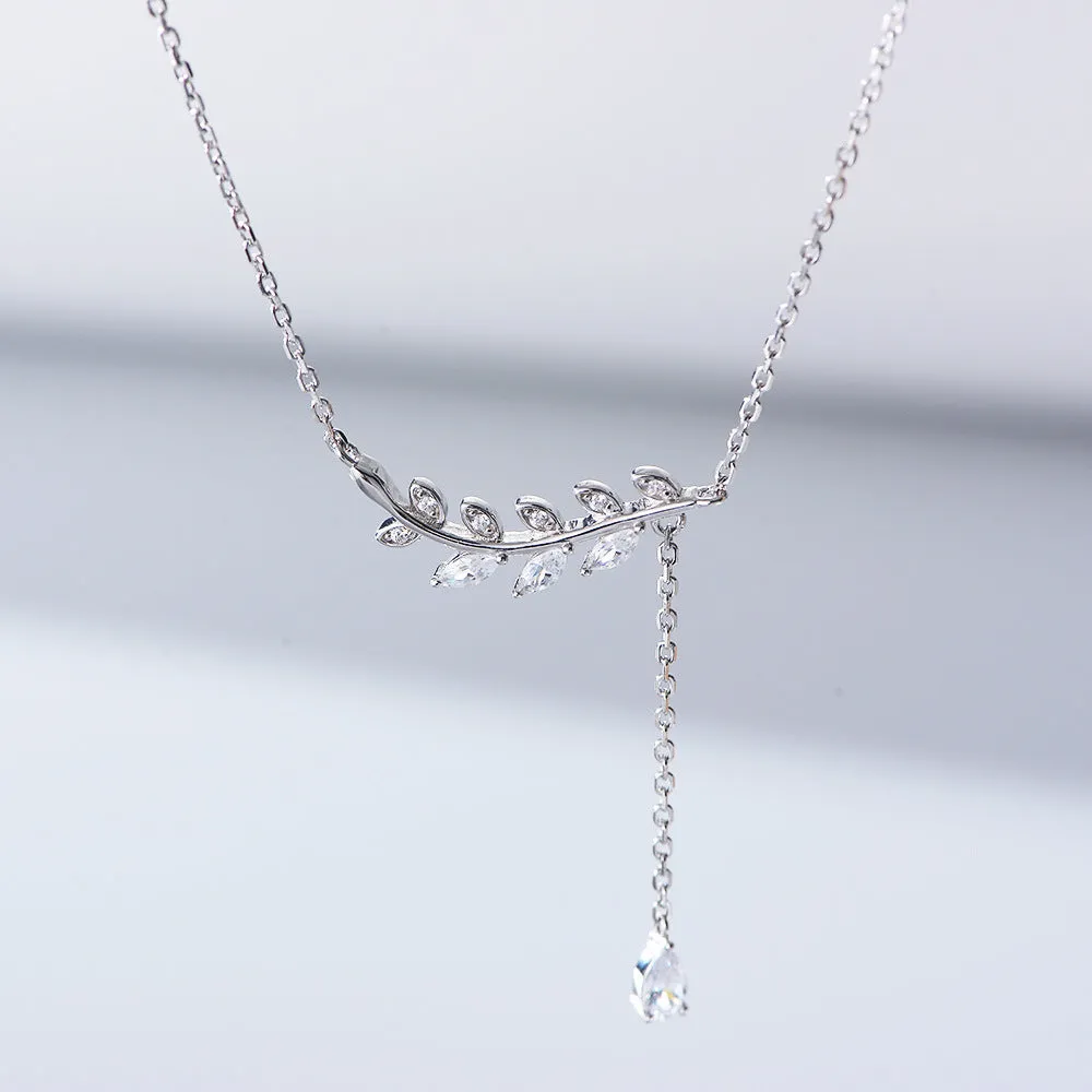 White Zircon Leaf Tassel Sterling Silver Collarbone Necklace for Women
